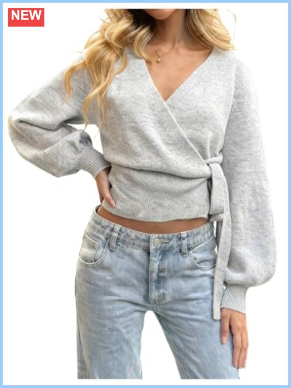 V Neck Wrap Sweater Cardigan Tie Knot Cropped Rib Knit Bishop Sleeve